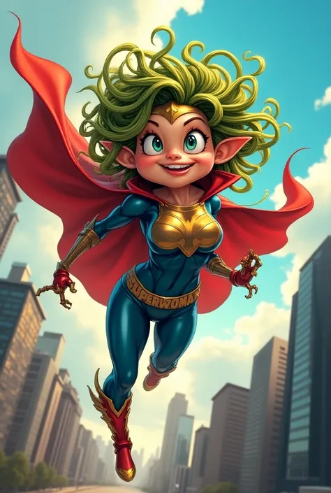 Fotografi hd Karikatur superhero wajah wanita berbibir big gigi big bibir mahar rambut gimbal dan mie kuning terlihat jubah merah superman terlihat sangat lebat Phallistic baju dari bahan plastik biru bolong daun biru tertulis "Superwoman" flowering modern...