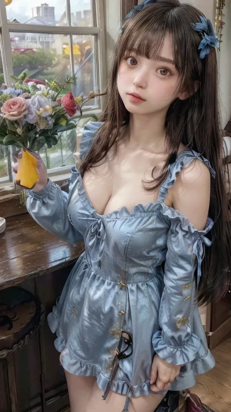 (round face)(Big eyes、Droopy eyes、blue), (Fabric Shading), (Best Quality), (masterpiece), (Super detailed CG),, (Magical ),  (Ample breasts),  Light Bronze Gold , ( A Room Full of Flowers ).  Primary Colors are Grey and Black ,  Fantasy Color .  In front o...