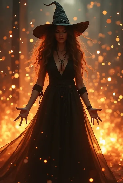 A woman with long wavy hair in a firecracker 
Wearing a witch hat looking stressed