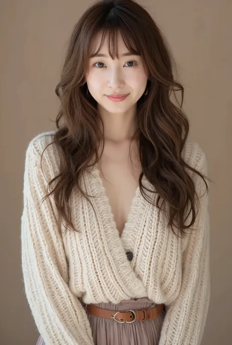 one beautiful women, ((grinning)),Skinny Japanese young woman,)),Sexy, Detailed face, beautiful eyes, bangs, medium breasts, very thin waist, Light Brown wavy Hair, Faint lips, ((standing at front, Staring at the viewer,)), beige knitted sweater, deep V-ne...