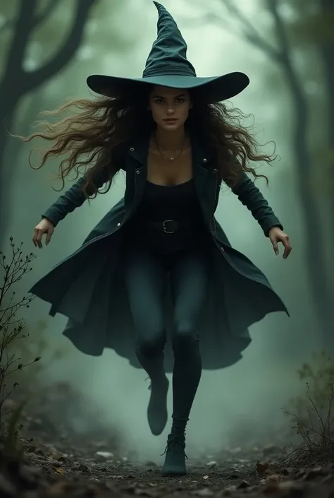 A woman with long wavy hair and bad hair, 
Wearing a witchs hat looking like shes running around 