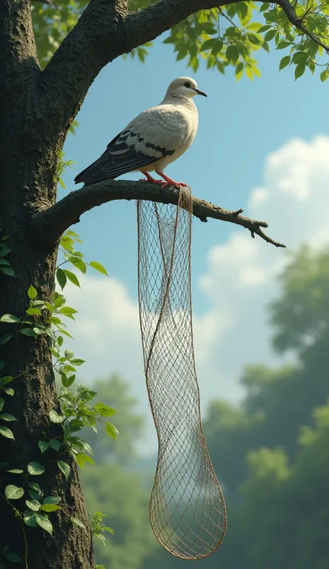 (एक पेड़ पर एक कबूतर बैठा है, नीचे एक शिकारी जाल बिछा रहा है।)
