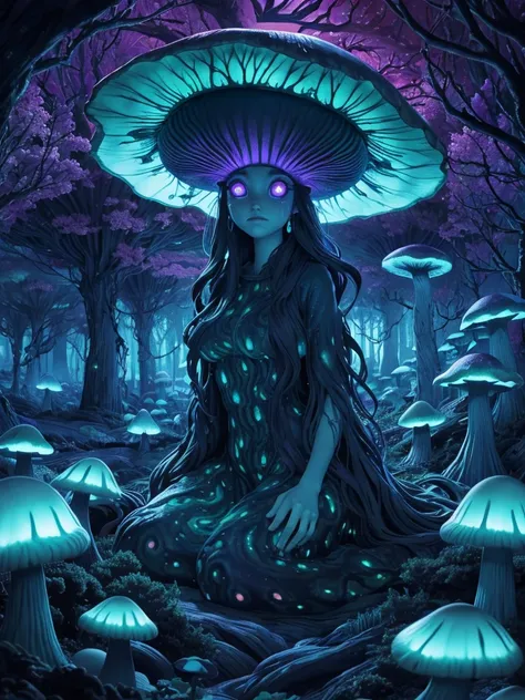  [by Junji Ito], dark horrorscape, [detailed shadows], [veins], (bioluminescent mushroom forest), 1girl, gigantic cosmic eyes, streaming tears, spiraling fungus, HDR, tatiana.milovani 