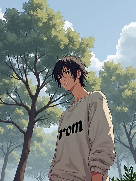 The image is a digital artwork of a young male with black hair, wearing a white sweatshirt with the letters "ROM" printed on it, standing in a forest with tall trees.