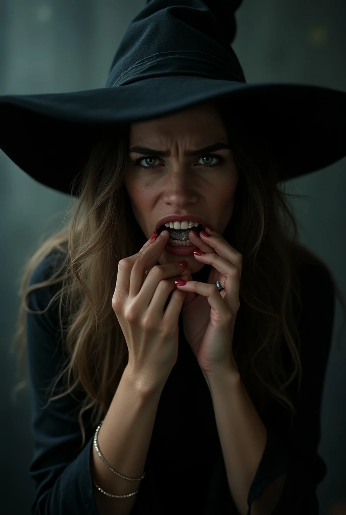 A woman with long wavy hair and bad hair, 
Wearing a witchs hat biting her nails from stress