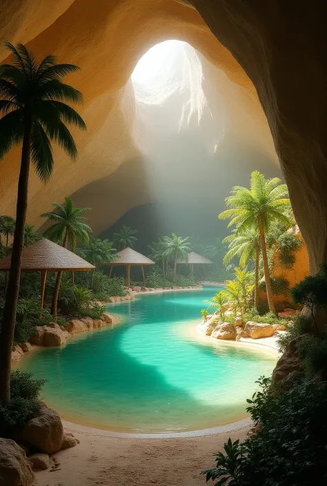 Underground world, ((masterpiece, highest quality, Highest image quality, High resolution, photorealistic, Raw photo, Extremely detailed CG unified 8k wallpaper)), subterranean paradise, vast underground space, luminous sand-beige ceilings, trees around a warm underground lake, bustling resort area, “Underground Paradise” written in the center of the photo,