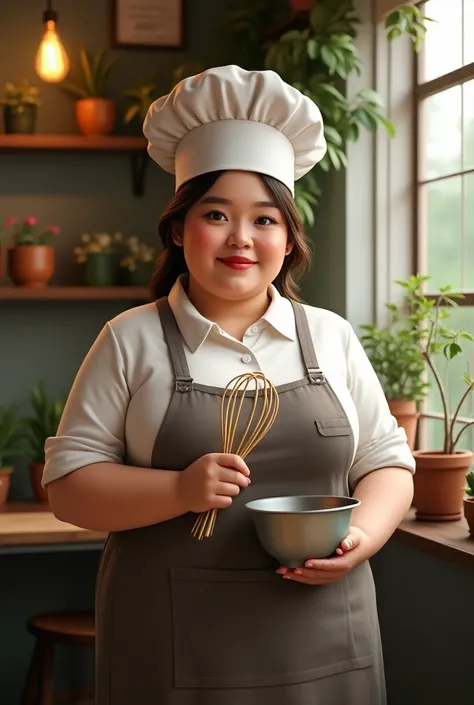 (photorealism:1.2), beautiful plump woman wearing an 
Apron with chef hat facing the camera holding a whisk on right side and mixing bowl on left. While inside a cafe with few plants, incandescent bulb and near window