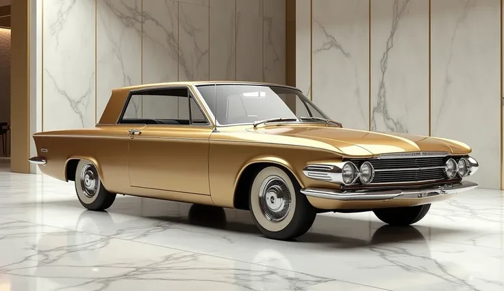 a Chrysler Turbine  1965  design,gold edition color,side view view,3D model,highly detailed,intricate design,showcased in a marble showroom,photorealistic,8K,volumetric lighting,cinematic angle,glossy surface,metal textures,clean background