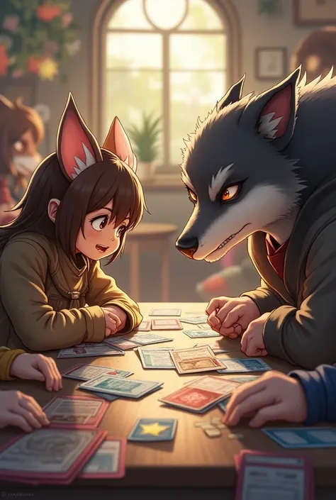 A (detailed illustration) of a girl with (rat tail and ears), intensely focused while playing Magic the gatering against a boy with a (wolf head), who appears equally engaged. (Vibrant colors) enhance the characters playful expressions in a lively setting....