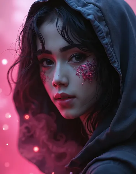 a close up of a woman with a hood on her head, dark but detailed digital art full pink smoke everywhre , cute face. dark fantasy fullcolour flowers art, beautiful intricate face, a stunning portrait of a goddess sparkling and lumiens neon light, fantasy wo...