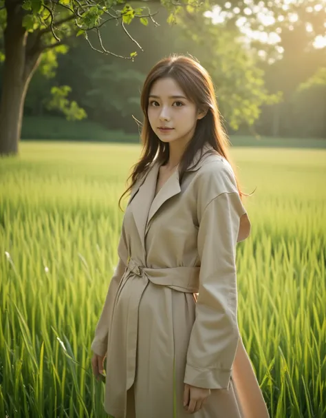 a beautiful east-asian slender woman is standing in a serene green field, bathed in the soft light of the late afternoon sun fil...