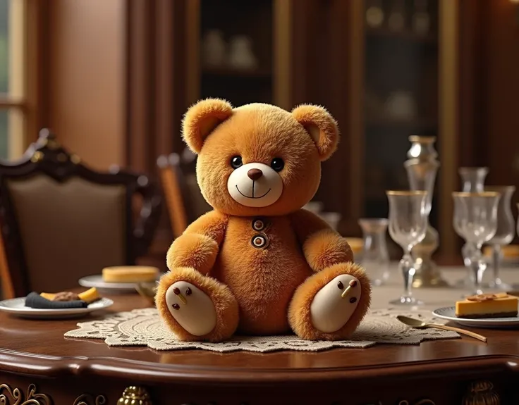 Teddy bear put on a luxurious table