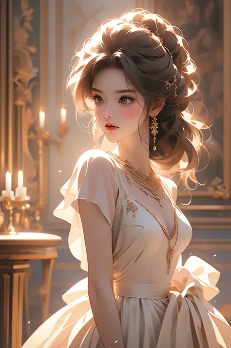  absurd,  High Resolution ,  long shot,  ( couple :1.3),(Bronze Hairstyles:1.2) Ballroom dancing, Waltz, Gracefully,  (The vivid expressions are incredibly realistic), The scent of perfume spreads, Elegant Movement,  the light blends into the dress , Break...