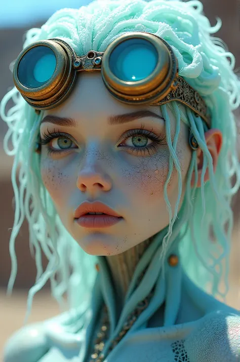 Ethereal Cyborg Woman, bioluminescent jellyfish tiara. Steampunk goggles merge with translucent tentacles. Cracked porcelain skin meets iridescent scales. Mechanical implants and delicate tendrils intertwine. Human characteristics with an otherworldly glow...