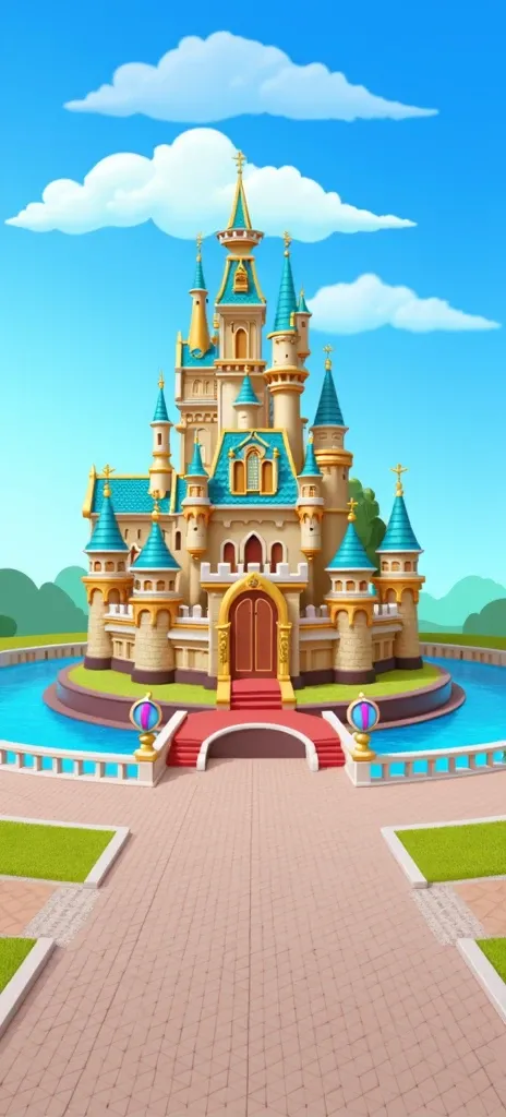 cartoon castle with a pond and a walkway in the foreground, palace background, castle background, magical castle, mobile game background, fantasy castle, beautiful castle, castle setting, royal garden background, luxury castle, background is disneyland cas...