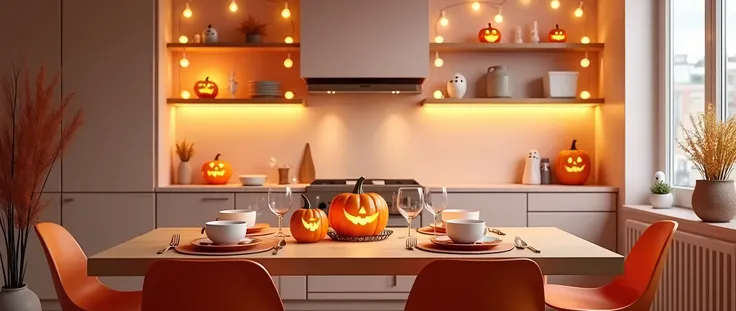 Decorate the furniture with a touch of orange，Pale pink wall， Halloween ornaments pumpkin lights、Ghost arrangement kitchen scene，There is a dining table in the kitchen，Light luxury ， simple and bright 
