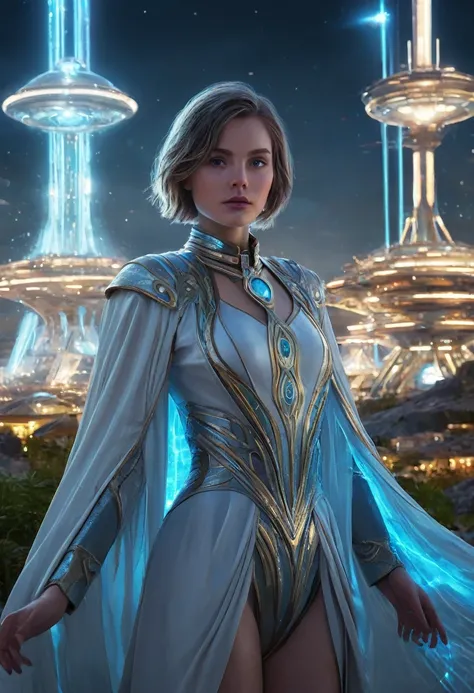 a young girl wizard named Yuntelli with short hair, glowing blue eyes, perfect body proportions, in a luminescent mage robe made of flowing energy that can take any form depending on her temperament, representing the interests of the galaxys mage order on ...