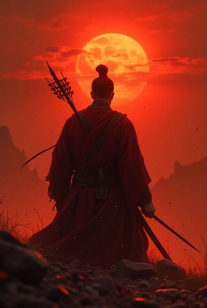  Under the blood-red sunset, General ， We can see the back of an ancient Chinese general，He is kneeling ，Disheveled， seems to have died ，He had a few arrows and a spear stuck in his back， holds a beautiful dead woman in her arms ， holding a bunch of enemie...