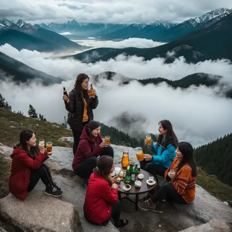 5 women people drink beer on the mountain in the evening,  Clouds and fog everywhere, Cool atmosphere.