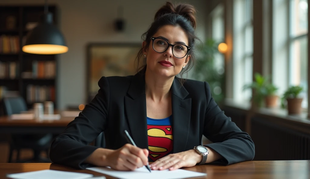 Intellectual woman ; beautiful, aparentando 50 anos The idaThe, wearing glasses, blinking at the camera ; dark hair and tied , seios granThe e fartos, sitting at a table and writing on paper , usando uma roupa social The trabalho, elegant, vestindo discret...