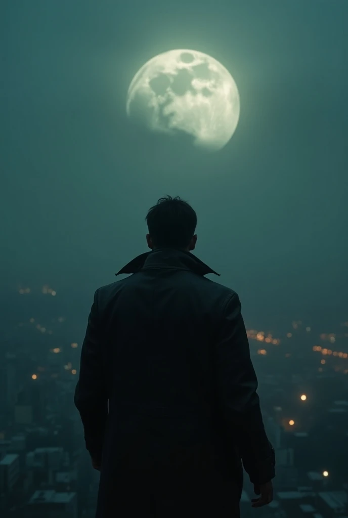 A man who wears a leather trench coat watching the full moon in a building high above the city in a haze