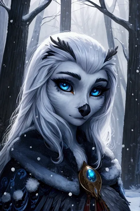  better quality, cinematic image, fantasy, detailed image,  detailed face,  detailed beautiful blue eyes, very long fluffy white hair , long fluffy eyelashes, thick eyebrows, Snowy Owl,  beautiful girl , winter forest 