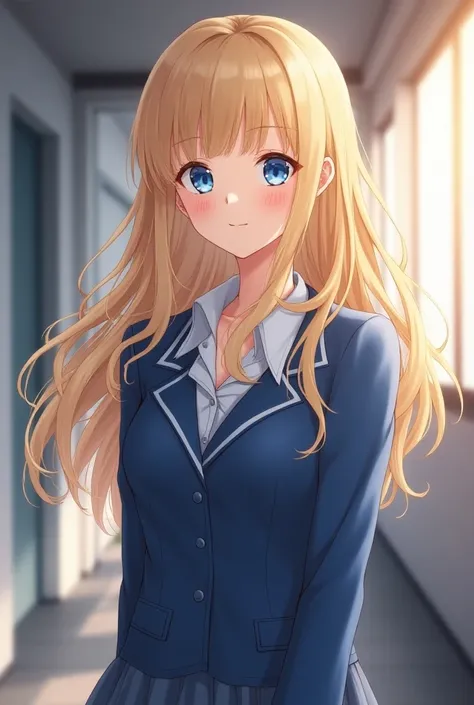 High school girl。cute。Baby Face。Blonde。Blue Eyes。Blue Uniform。Character portrait。 facing front 。Inside the school building。 long hair 。