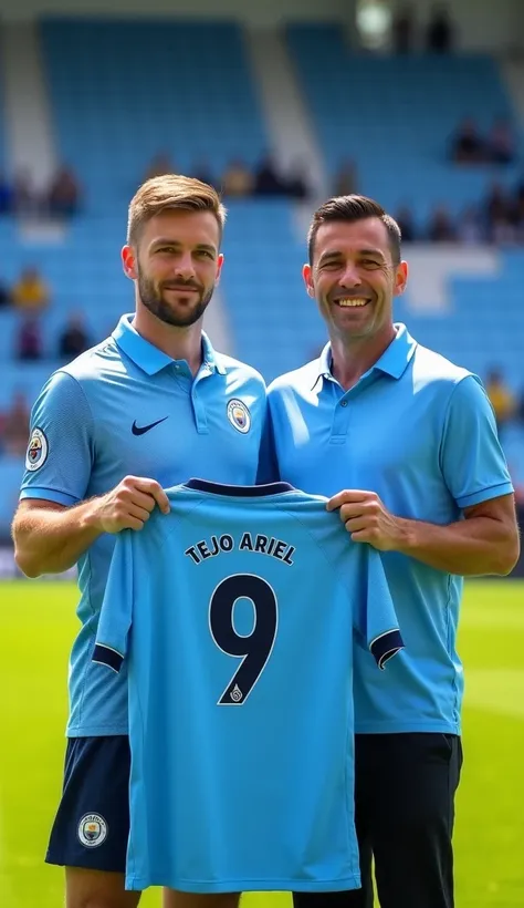 Photo of Erling Haaland, Manchester City footballer, next to a clean-faced Asian man with neatly trimmed hair wearing a blue polo shirt, they are holding a soccer shirt that says "TEJO ARIEL 9". He was standing on the grass field. The background contains a...