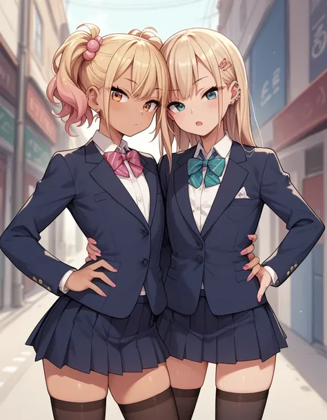 2girls,gyaru,,,,slender,small hip,slim legs,,,,flat chest,blazer,skirt,thighhighs