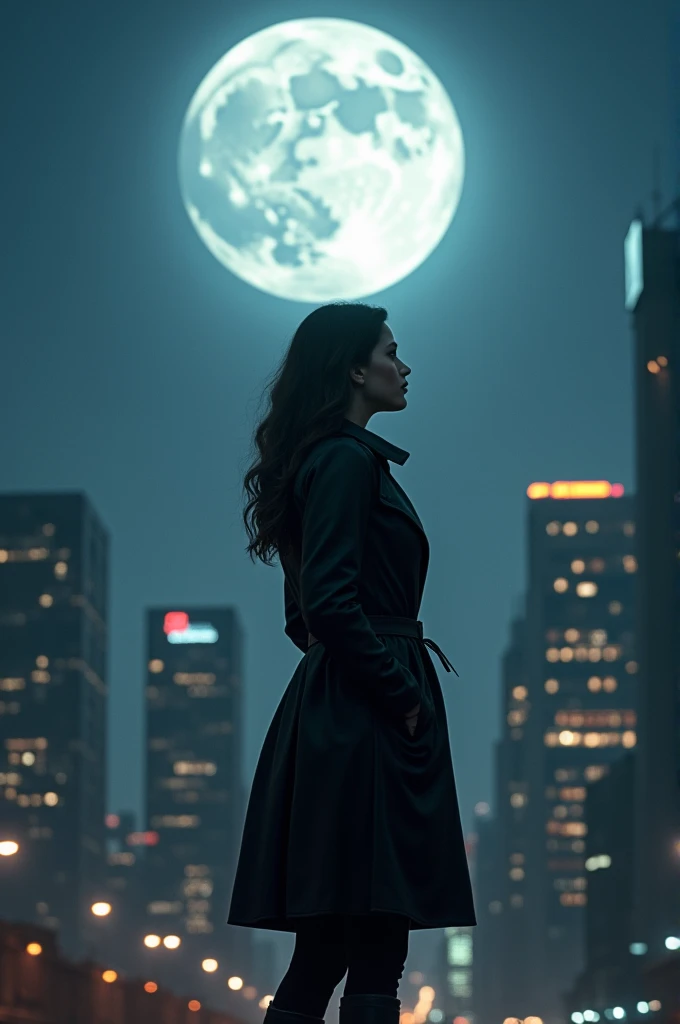 A woman wearing a leather trench coat watching the full Moon high above a city 