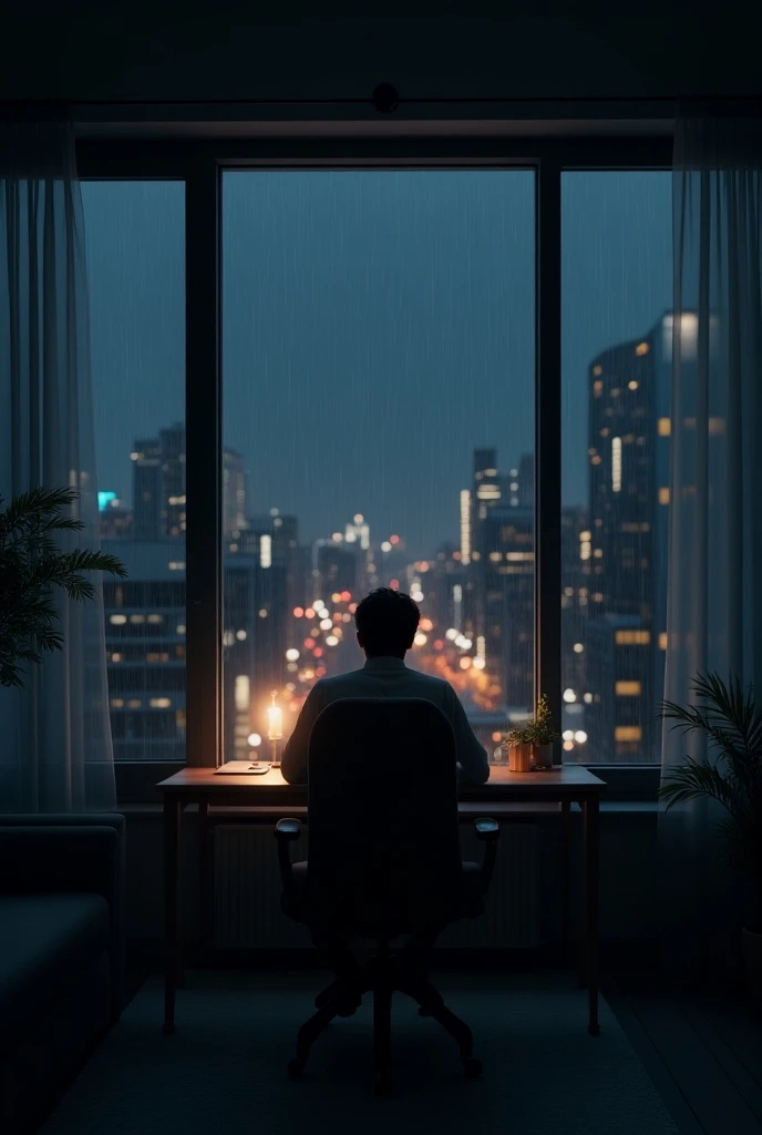 Night in appartement with city view and rain outside the windows, put the desk near the windows and the light just little dark, make the windows is big near the corner and landscape. Make the windows wide from top to bottom and very large