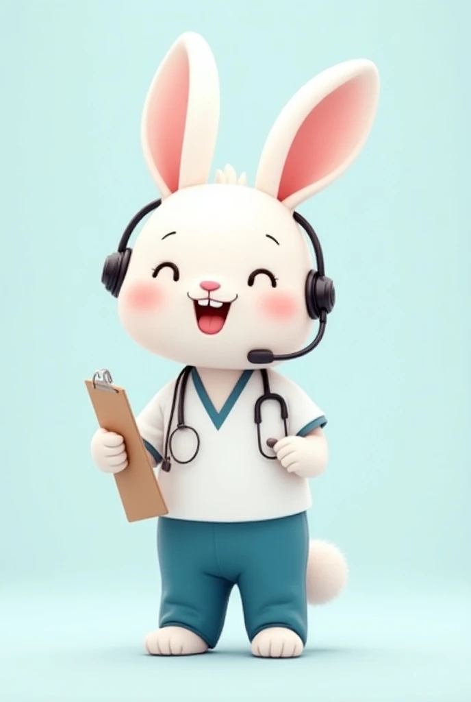  Drawing of a rabbit working in an ombudsman wearing a hospital uniform blue pants and white t-shirt,  use a clipboard and headset , friendly and cute image . image without background.