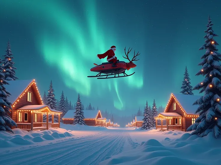 A warm night with decorative lights and house lights on Christmas Day from Utqiagvik, Alaska. Its snowy in the dark, white aurora in the sky, and Santa Claus riding a reindeer hovercraft through the sky. 