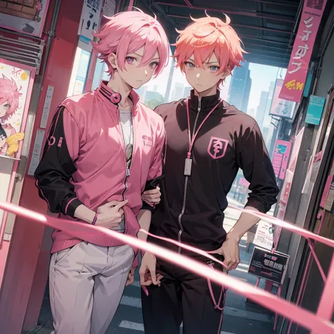 Anime Boy with pink hair and earphones View Phone, orange - haired Anime Boy, Young Anime Guy, Handsome anime pose, Male Anime Characters, With index finger, Anime Boy, Male Anime Style, View Phone, Accurate depiction, ((pink)), with pink hair, Aesthetic a...