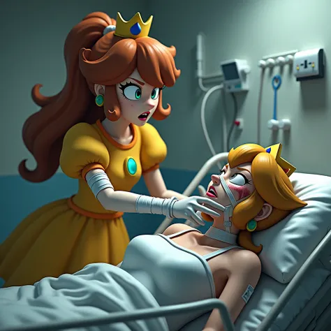 Princess Peach wearing a blue patient uniform, lying on a patient bed with her eyes closed. She has bandages and bruises on her face, and an oxygen mask covering her mouth and nose, and Princess Daisy with brown hair and wearing her classic yellow dress, a...