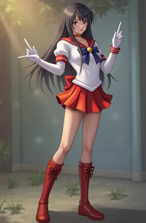 1 girl,Long Hair, (High image quality,8k, Black Hair , Realistic, High image quality,masterpiece,Super detailed, Confused)1.5,((Summer 1,  Sailor Mars cosplay、 sailor warrior uniform,  white gloves, Red Sailor Collar ,  Red Skirt ))、 banzai、Both arms raise...