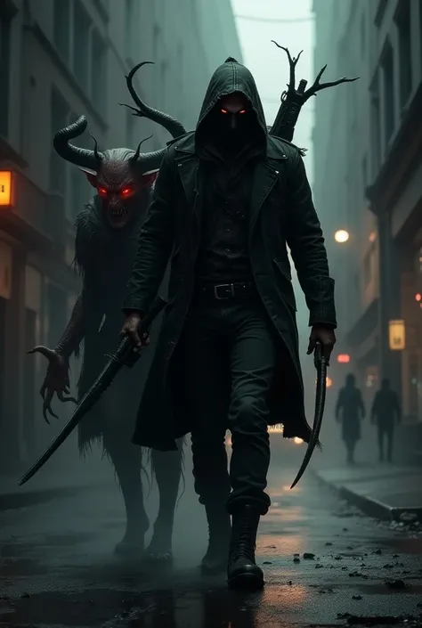 A hunter with devil friend and 
weapons in mask in dark city
