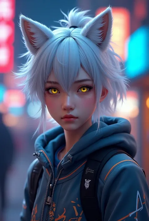  a young man aged 20-25 with waist-length silver hair and white fox ears,  Hair gathered in a high ponytail . A man dressed in esports style with neon elements . yellow eyes . 