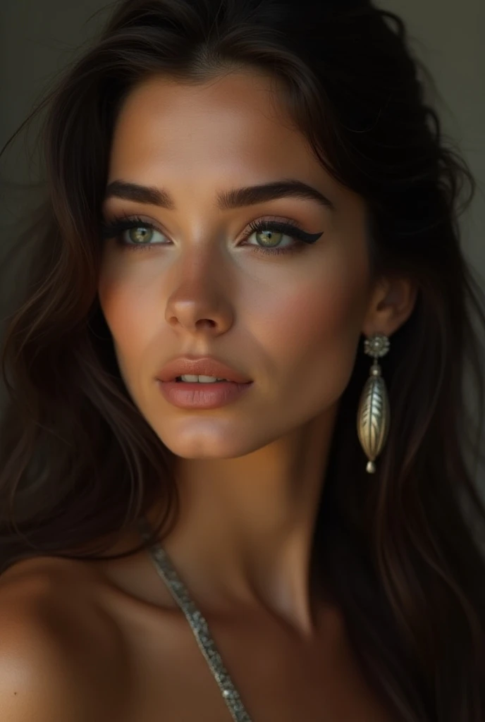 a close up of a woman with long hair wearing earrings, a portrait inspired by Lucia Peka, tumblr, pop art, julia sarda, carice van houten, christina kritkou, face like gal gadot, megan fox with heavy eye makeup, laura sava, taken in the early 2020s, simone...