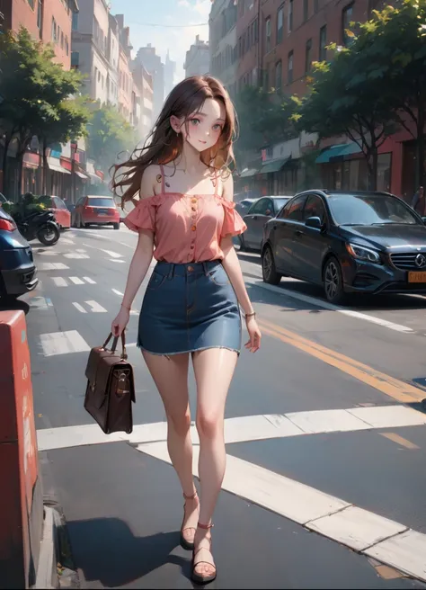 beauty young girl, walking on street, bicycles, car, she has brown long hair (+forehead), wearing black short sleeves deep neck off-shoulder, orange-pink camisole straps, white scarf, navy-blue denim pencil mini skirt,  bag, BREAK, (1girl, solo, full body)...