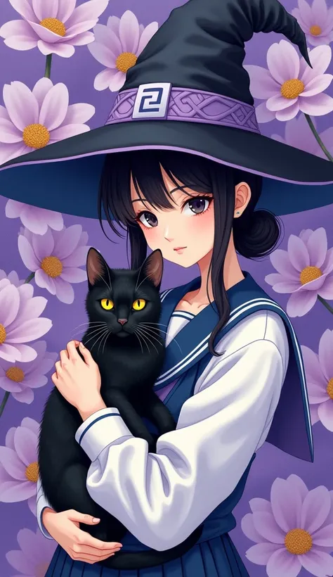  Cloisonnism Portrait Depicting a Japanese Young Witch Wearing a Witch Hat, White High School Hugging a Black Cat 。 Lavender Peony Flower Background 