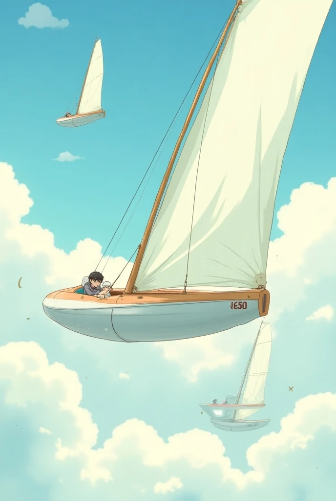 poster for the Transgascogne 2025, a race of Mini 6.50 sailboats in the sky in studio ghibli illustration 