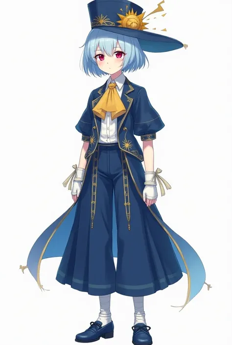 A quiet anime young man in high school with sharp pink and red eyes represents short light blue hair , Fair skin and wearing all the fantasy blue, yellow and white clothes are the luxury of Idol, which consists of a long waist tuxedo jacket with short slee...