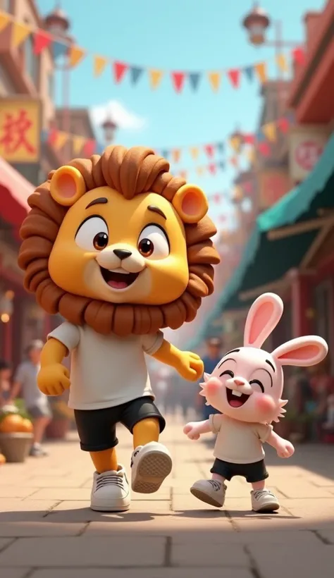 Generate a high quality, realistic seen in cinematic 3d style 
"A Cartoon lion and rabbit  character with a round face and large expressive eyes, It wears a wight  t-shirt, black shorts,and white sneakers"
The lion fell with a thud, and the entire market e...