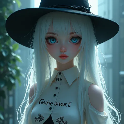 A girl with ghostly beauty wears a hat with white hair and blue eyes with rosy lips along with a slim figure girl wears a blouse with the words FTW PARKOUR CUONGLO 