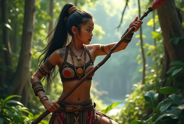 Realism, filipino warrior girl, tribe style, on forest, training skill, cinematic, 