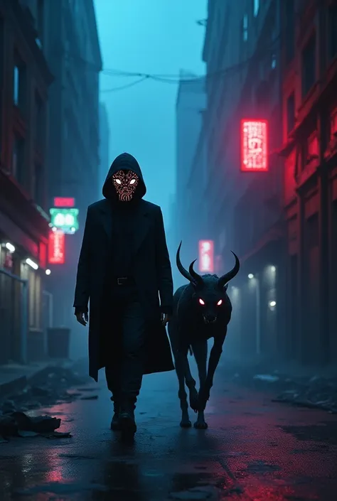 A hunter with mask and with devil friend 
in dark city
