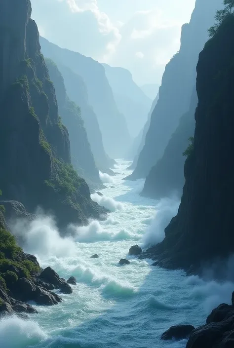 wide  riverbank, steep rocky river gorge, wide river torrent