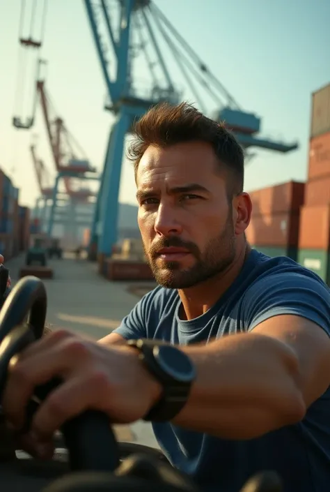  Best Art Video Hyperealistic , cinematic, 5D, 524K ,  close up medium shot , Handsome man processed as the driver of the heavy vehicle was operating a crane at the port to lift the containers, cinematic