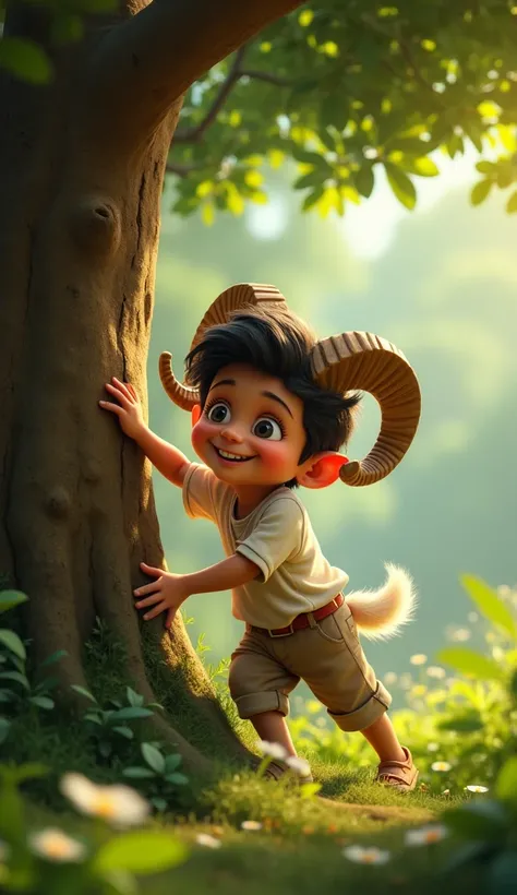 Boy Ram climbs down from the tree, smiling and feeling relieved. He jokingly asks to aomthing boy Shyam. Ultra hd Disney pixer.